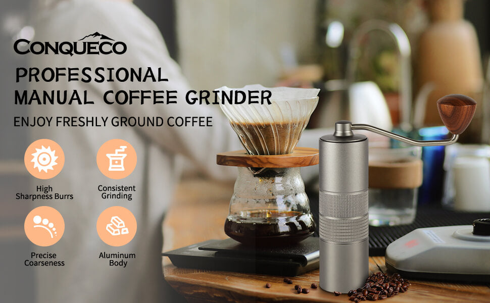 CONQUECO Manual Coffee Grinder Burr: Portable Stainless Steel Conical Burr Bean Griding Machine - 20g Capacity Small Grinders with Adjustable Settings, Anti-Slip Design (Grey)