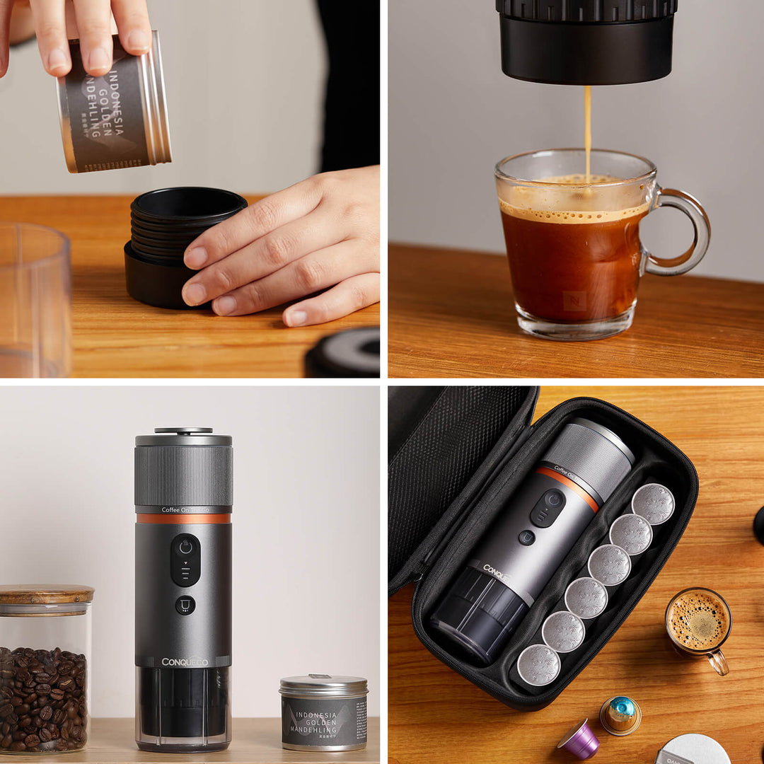 CONQUECO Cafetera portátil: máquina de café espresso de viaje de 12 V,  batería recargable de 15 bares de presión con estuche organizador para  campamento, conducción, hogar y oficina : Hogar y Cocina 