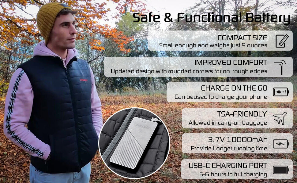 Up to 10 hours comfortable warmth after fully charged. The Portable Powerbank can also be used as a power supply for your phone or other devices.which could offer more power and better heat to the VEST