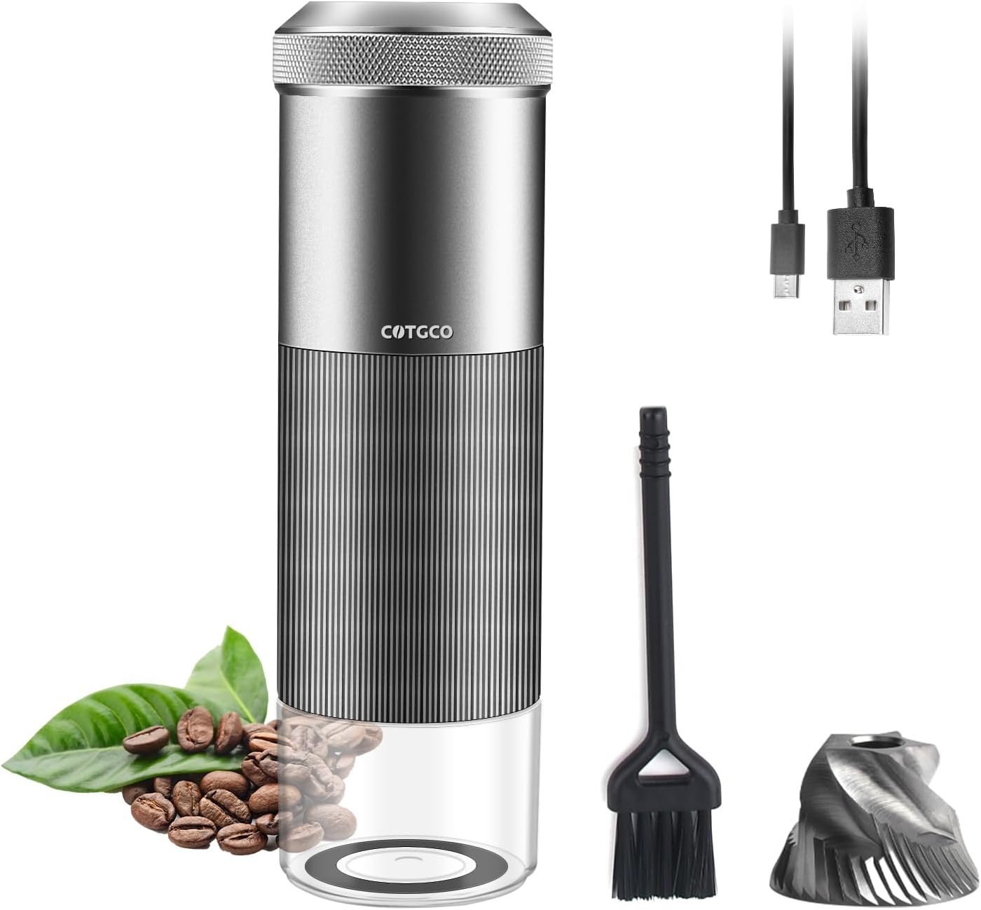 Coffee Grinder Electric Burr Portable Adjustable & Rechargeable Battery - Extra Fine to Extra Coarse (Silver) - CGM020