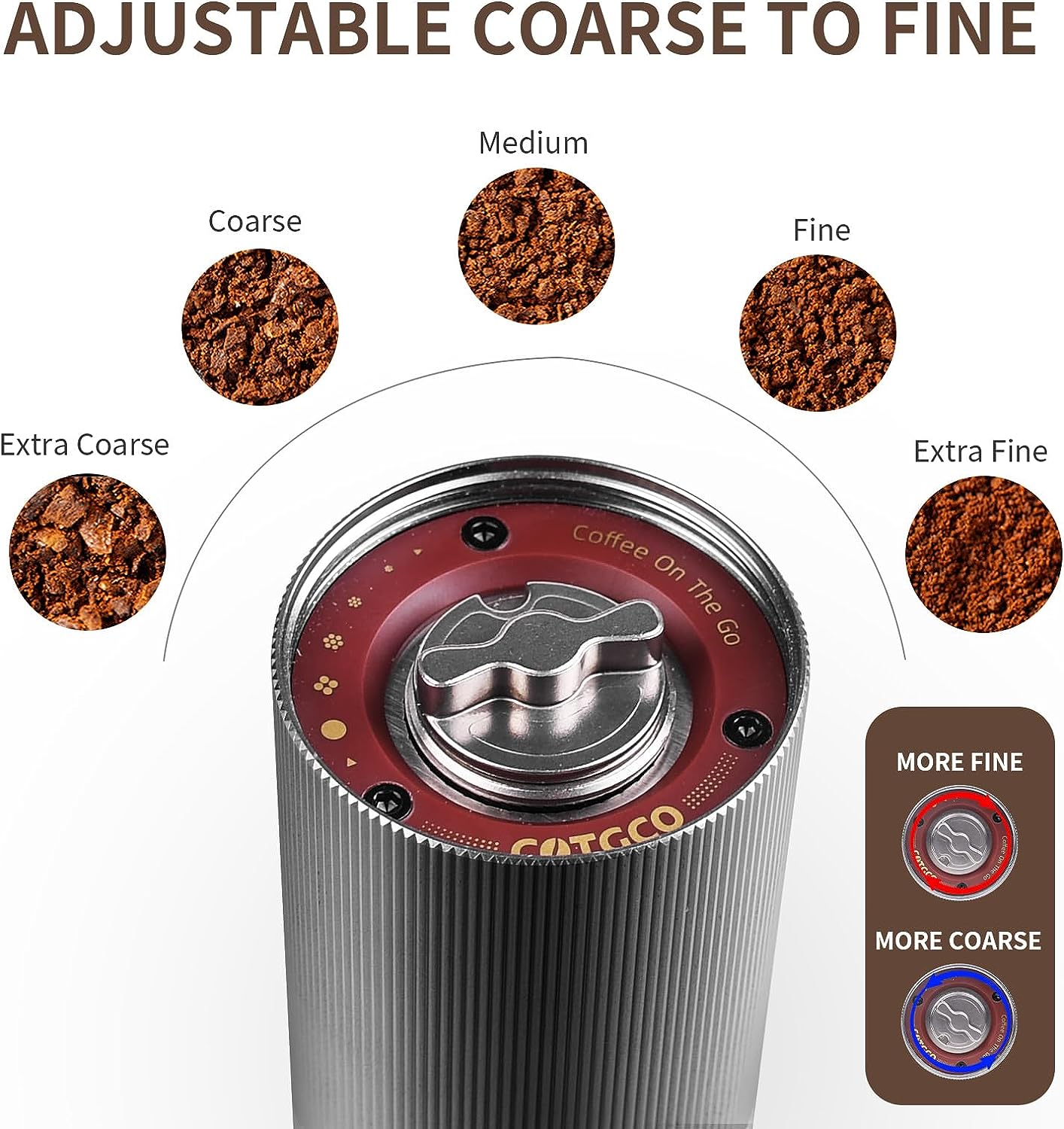 Coffee Grinder Electric Burr Portable Adjustable & Rechargeable Battery - Extra Fine to Extra Coarse (Silver) - CGM020