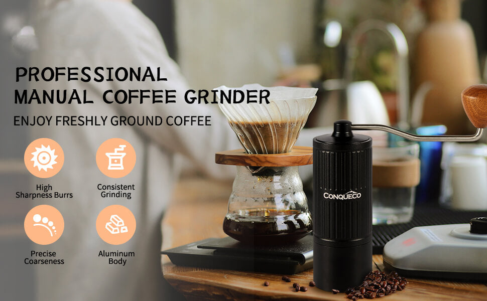 CONQUECO Manual Coffee Grinder Burr: Portable Stainless Steel Conical Burr Bean Griding Machine - Small Grinders with Adjustable Settings, Anti-Slip Design (Black)