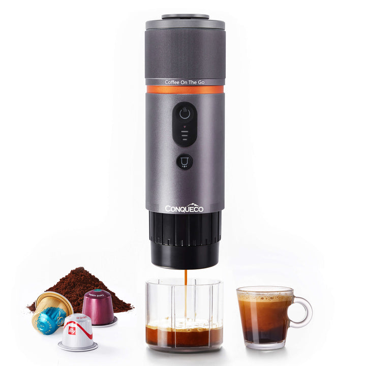 CONQUECO Portable Coffee Machine Travel - 12v Car Espresso Maker with Battery for Camping - Small Electric - 3 Mins Heating - Rechargeable USB Charging (Silver)