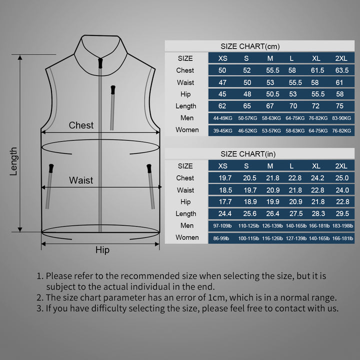 conqueco heated vest size information
