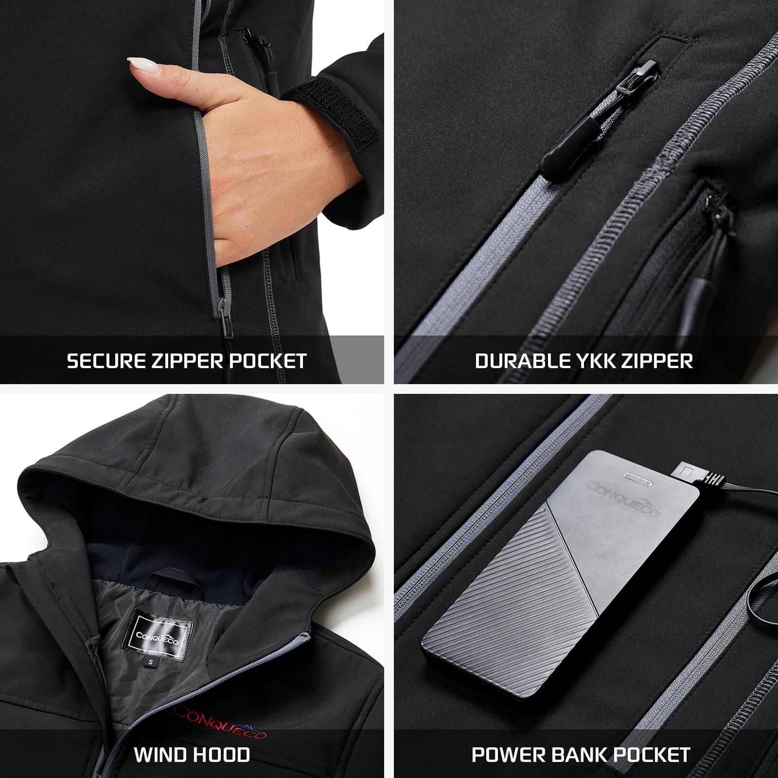 Beheizbare Damenjacke Shell Soft Wasserdicht & Winddicht-Schwarz